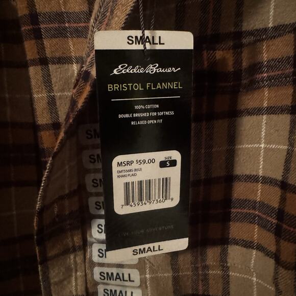 New Eddie Bauer Men's Small Bristol Flannel Cotton Khaki Plaid Shirt Fall NWT - Picture 13 of 14